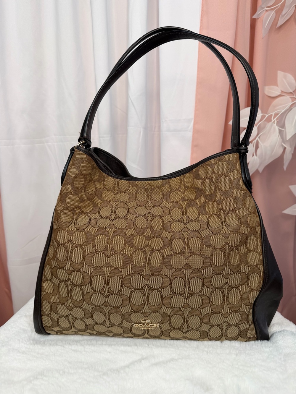 Coach Brown Signature Canvas Hobo Shoulder Bag with Dark Trim